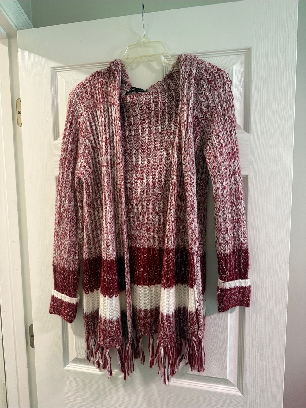 Cozy Marled Burgundy and Cream Open-Front Hooded Cardigan